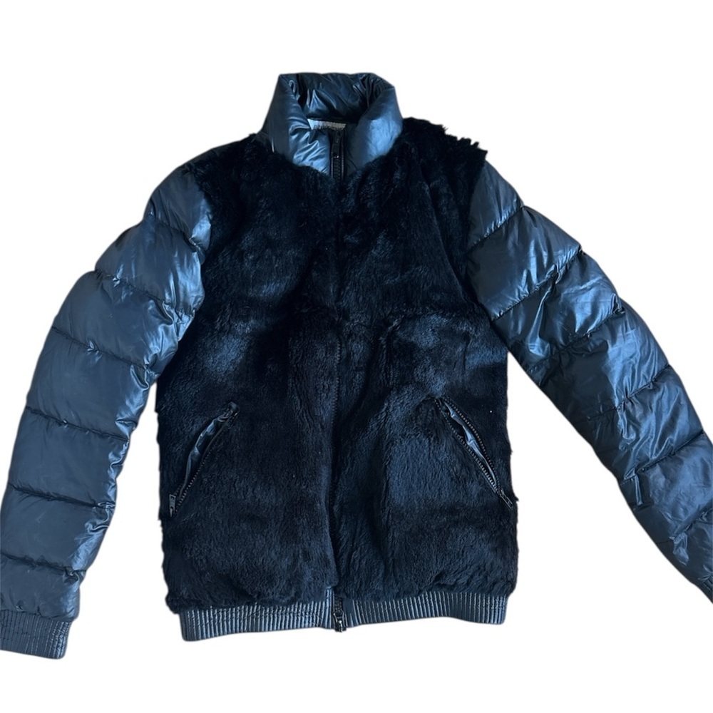 Elizabeth and James | Austin black puffer jacket down fill front rabbit fur XS